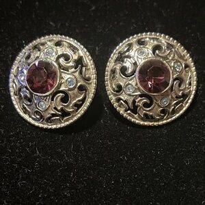 Vintage 1960s Pierced Earrings - Scottish Filigree motif faceted stones